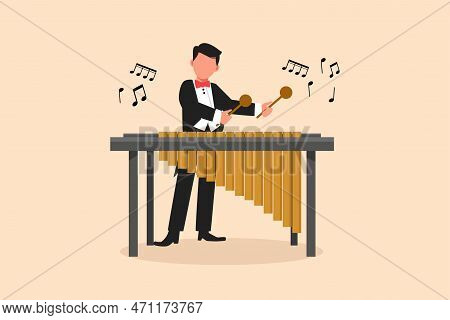Business Flat Cartoon Style Draw Man Percussion Player Character Play Marimba. Young Male Musician P