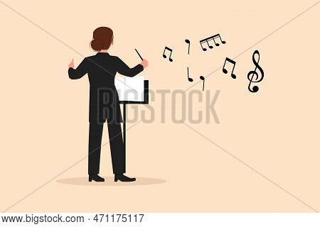 Business Flat Drawing Back View Woman Conductor Performing On Stage, Female Musician In Tuxedo Direc