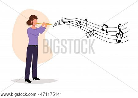 Business Flat Cartoon Style Drawing Female Musician Playing Flute. Flutist Performing Classical Musi