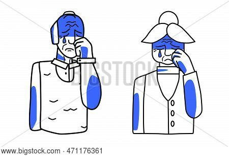 Sad Elderly Man And Woman, Pensioners In Sorrow With Tears. Melancholy Of Grandfather And Grandmothe
