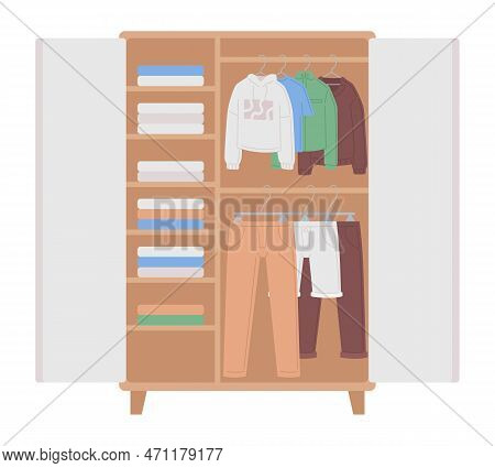 Wardrobe With Organized Clothes And Shelves Semi Flat Color Vector Object
