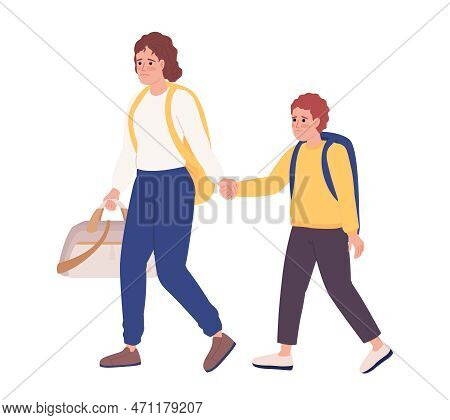 Mother And Son With Luggage Leaving In Hurry Semi Flat Color Vector Characters