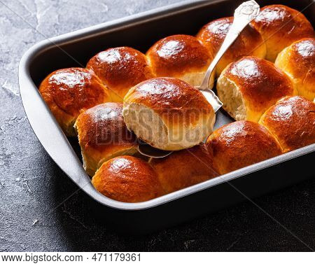 Close-up Of Hawaiian Sweet Rolls, Portuguese Sweet Bread, Soft And Stretchy Buns In Baking Dish On C