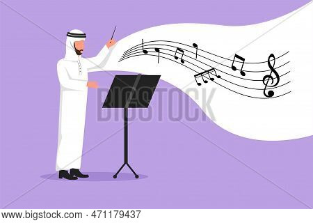 Business Flat Cartoon Style Drawing Arab Man Conductor. Musician Perform On Stage Directing Symphony