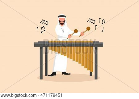 Business Flat Cartoon Drawing Arabian Man Percussion Player Character Play Marimba. Male Musician Pl