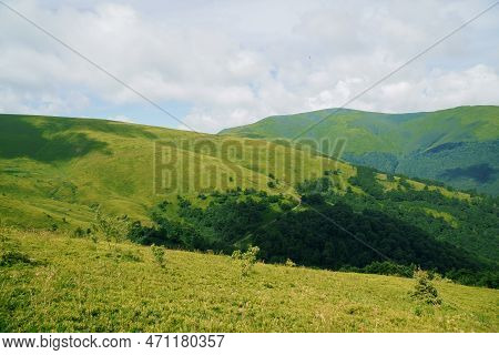 Beautiful Summer Mountain Landscape, Forest, Clouds. Mount Gemba Pylypets Ukraine. Ukrainian Mountai