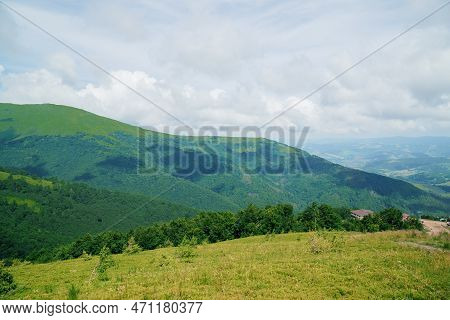 Beautiful Summer Mountain Landscape, Forest, Clouds. Mount Gemba Pylypets Ukraine. Ukrainian Mountai