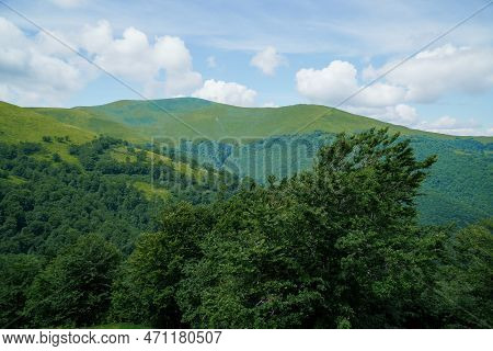 Beautiful Summer Mountain Landscape, Forest, Clouds. Mount Gemba Pylypets Ukraine. Ukrainian Mountai
