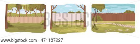 Garden Or Backyard With Path And Lawn, Green Grass And Trees. Fence And Property Protection, Home Ou