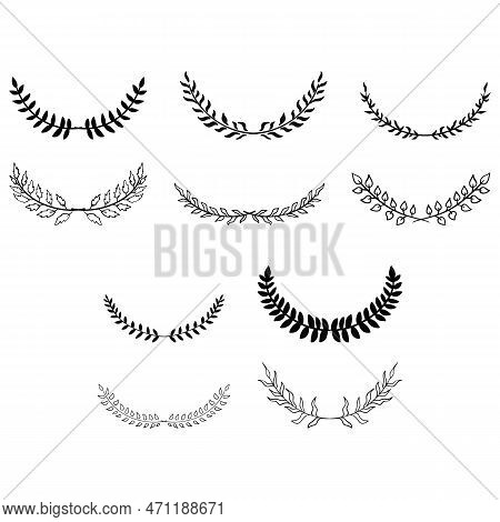 Hand Drawn Set Of Tree Branches With Leaves, Flowers, Field Grass, Decorative Dividers