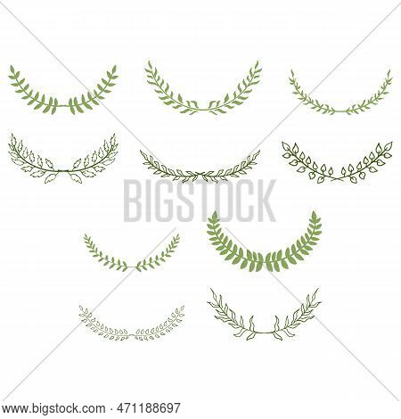Hand Drawn Set Of Tree Branches With Leaves, Flowers, Field Grass, Decorative Dividers, Design Eleme