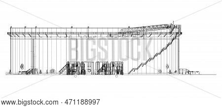 Large Oil Tank With Floating Roof. 3d Illustration. Wire-frame Style. Orthography
