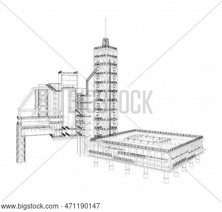 Launch Pad Whithout Space Rocket. 3d Illustration. Wire-frame Style. Elements Of This Image Furnishe