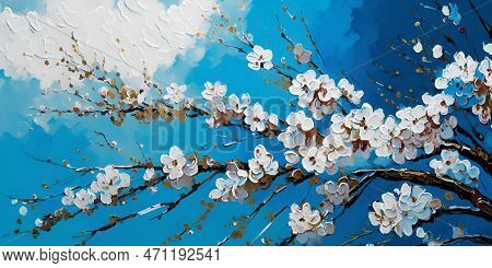 Cherry Sakura Blossom Painting. Acrylic Paint Palette Knife Impasto Technique. Spring Blooming Cherr