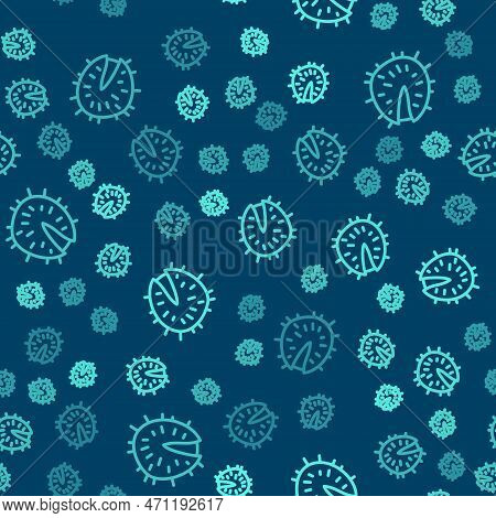 Green Line Chestnut Icon Isolated Seamless Pattern On Blue Background. Barbed And Strong Chestnut. V