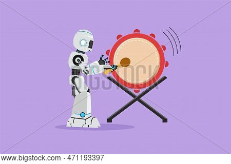 Character Flat Drawing Attractive Robot Musician Hitting Traditional Drum In Islamic Music Festival.