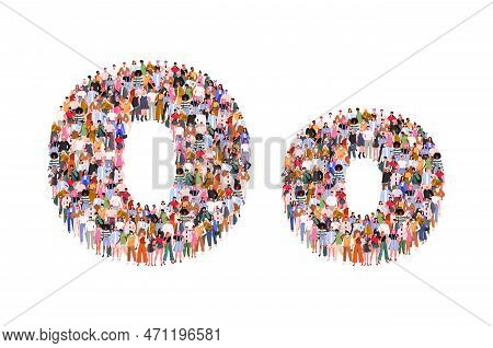 Large Group Of People In Letter O Form. People Standing Together. A Crowd Of Male And Female Charact