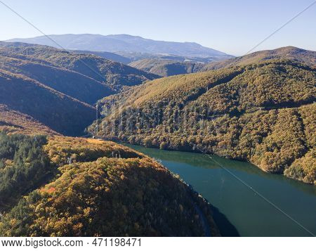 Aerial Autumn View Of Pasarel Reservoir, Bulgaria
