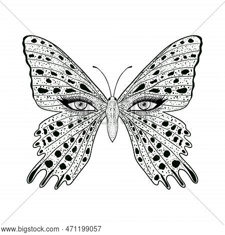 Butterfly With Female Eyes. Vector Illustration In Doodle Style.
