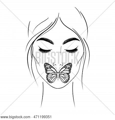 Woman Face And Butterfly On Her Lips. Fashion Illustration.
