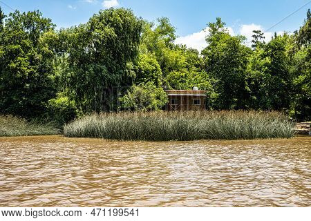 Boat Tour On The Parana Delta, Tigre, Buenos Aires, Argentina. Lush Vegetation, Palm Trees, Construc