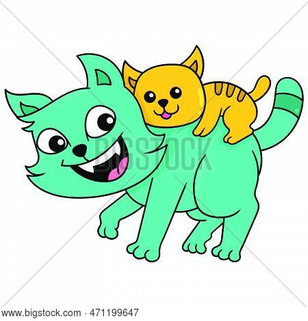 Cat Family With Father And Son Playing, Vector Illustration Art. Doodle Icon Image Kawaii.