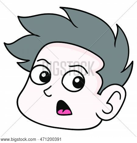 The Boy Head Looks Surprised Gawking, Vector Illustration Carton Emoticon. Doodle Icon Drawing