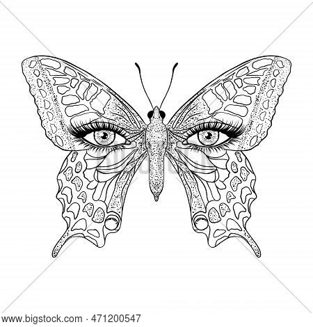 Butterfly With Female Eyes. Hand Drawn Illustration On White Background.
