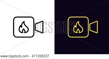 Outline Video Icon, With Editable Stroke. Camera Frame With Fire Sign, Hot Video Content. Super Popu