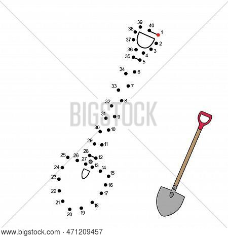 Dot To Dot Game With Cartoon Shovel With Wooden Handle. Connect The Dots By Numbers And Finish Pictu