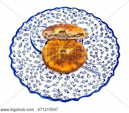 Tatar Cuisine - One And Half Peremech (fried Pastry Stuffed With Minced Meat) On Ornamental Plate Is