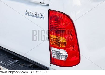 Novosibirsk, Russia - 02.19.2023: Rear Stop Light Taillamp Of Toyota Hilux Pickup In White Color