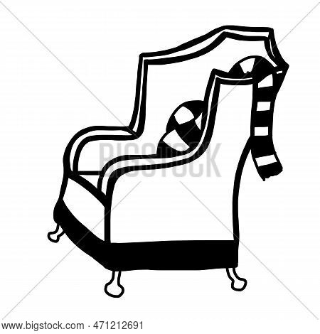 Armchair With Stripped Scarf In Outline Doodle Style. Vector Illustration Isolated On White Backgrou