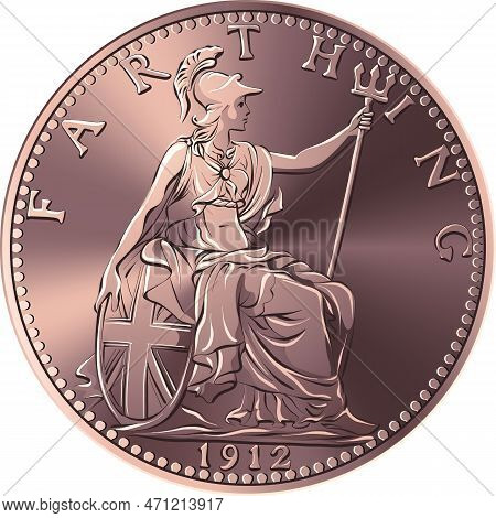 Vector Money Bronze Coin British Farthing, Britannia On Reverse