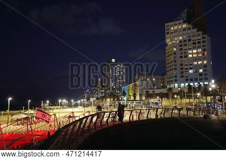 Tel Aviv, Israel - November 2, 2022: People Visit Beachfront Promenade (tayelet) In Tel Aviv, Israel