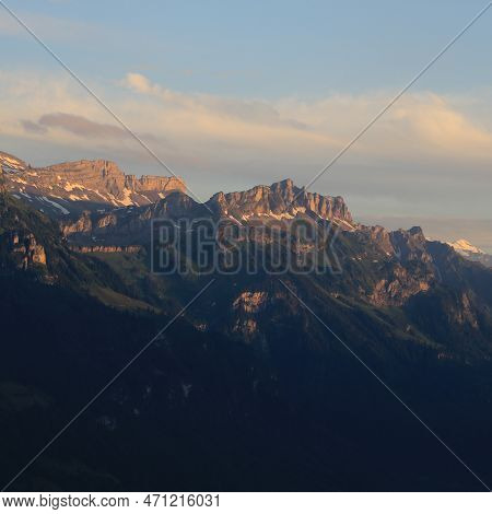 Mountains Roteflue And Loucherhorn At Sunset, View From Planalp, Brienz.