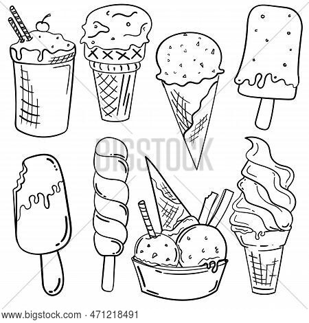 Vector Set Of Line Drawing Ice Creams, Hand Drawn Illustration