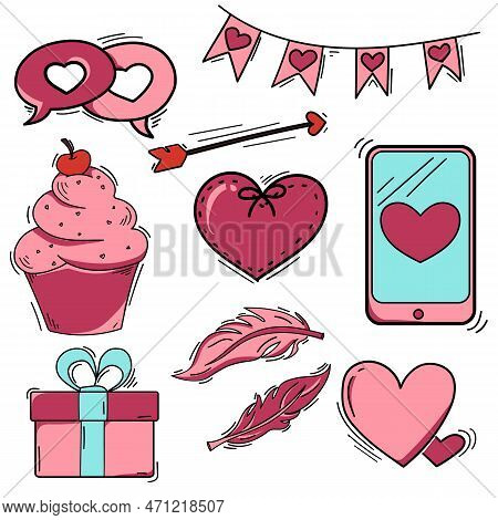 Valentine's Day Design. Realistic Pink Gifts Boxes. Gift Box Full Of Decorative Festive Object. Holi