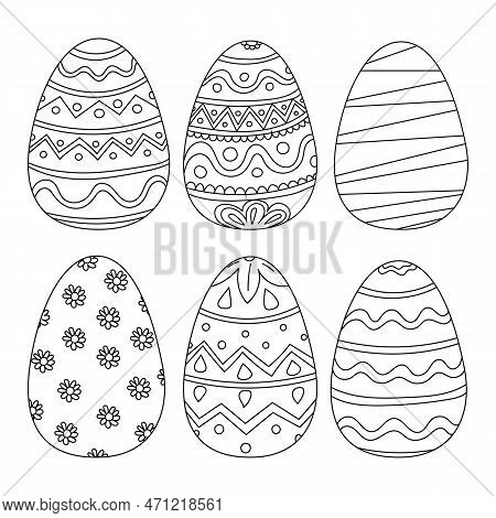 Easter Eggs Set Doodle Style. Happy Easter Hand Drawn Isolated On White Background.