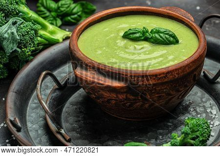 Broccoli Soup With Vegetables In A Bowl Omemade Healthy Organic Vegetarian Vegan Diet Fresh Food Mea