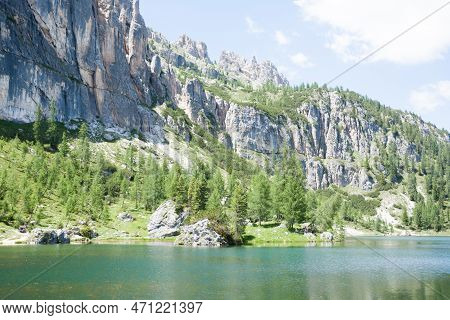 Federa Alpine Lake Landscape, Italian Dolomites Panorama