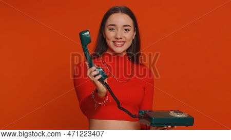Hey You, Call Me Back. Pretty Young Woman In Crop Top Talking On Wired Vintage Old-fashioned Retro T