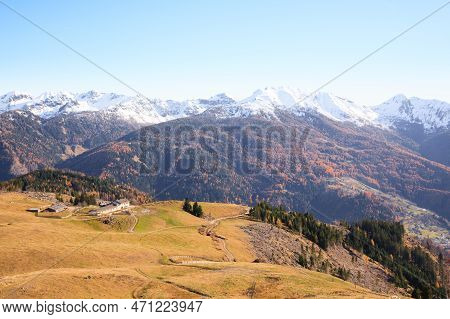 Mocheni Valley Autumn Landscape, Baselga Di Pine, Italy. Mountain View