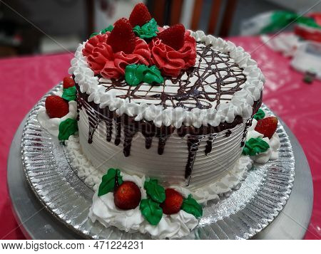 Delicious Dessert, Chocolate Cake, Mousse With Whipped Cream, Pieces Of Chocolate And Strawberries, 
