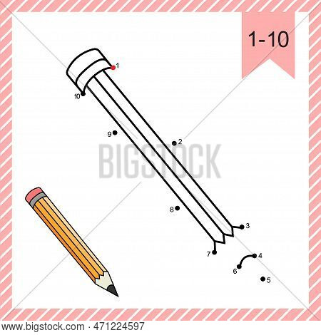 Dot To Dot Game. Pencil With Eraser. Logic Game And Coloring Page With Answer. Connect Dots By Numbe