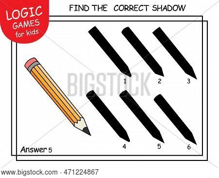 Find The Correct Shadow Pencil. Cute Cartoon Wooden Pencil With Rubber Eraser. Shadow Matching Game