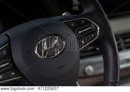 Moscow, Russia - December 18, 2021 Hyundai Palisade (lx2) Steering Wheel Close Up View. Hyundai Logo