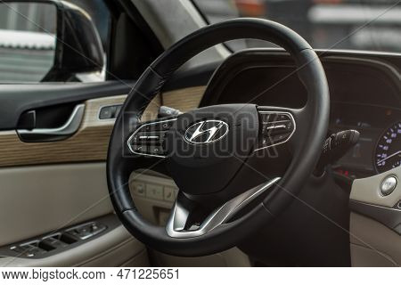 Moscow, Russia - December 18, 2021 Hyundai Palisade (lx2) Steering Wheel Close Up View. Hyundai Logo