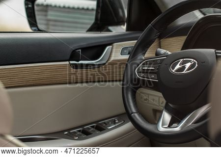 Moscow, Russia - December 18, 2021 Hyundai Palisade (lx2), Modern Hyundai Car Interior. Interior Of 