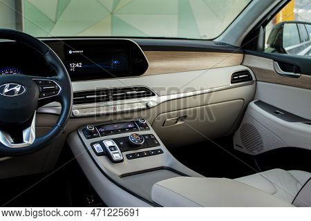 Moscow, Russia - December 18, 2021 Hyundai Palisade (lx2), Interior View. Luxury Crossover Suv. Cent